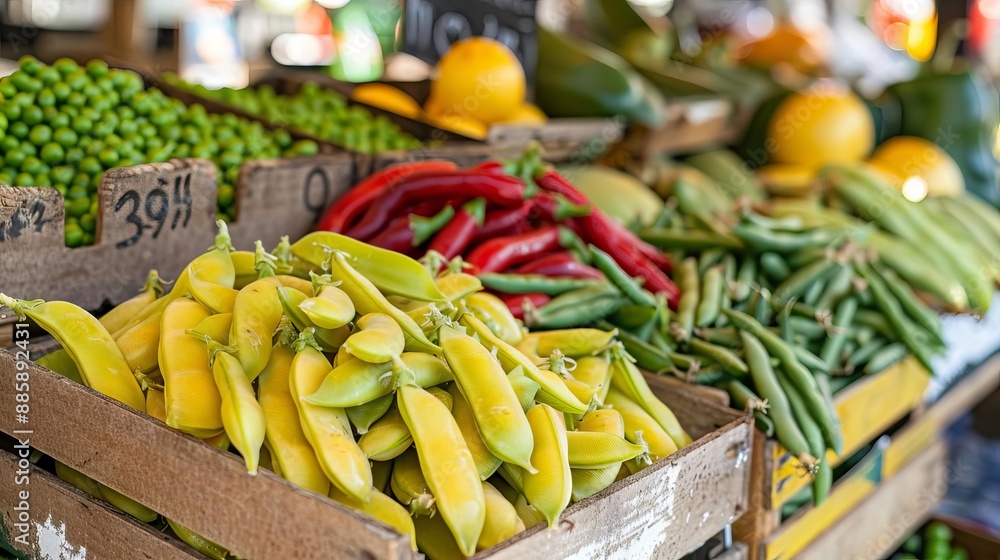 A vibrant photo of fresh peas and snap beans in a market setting