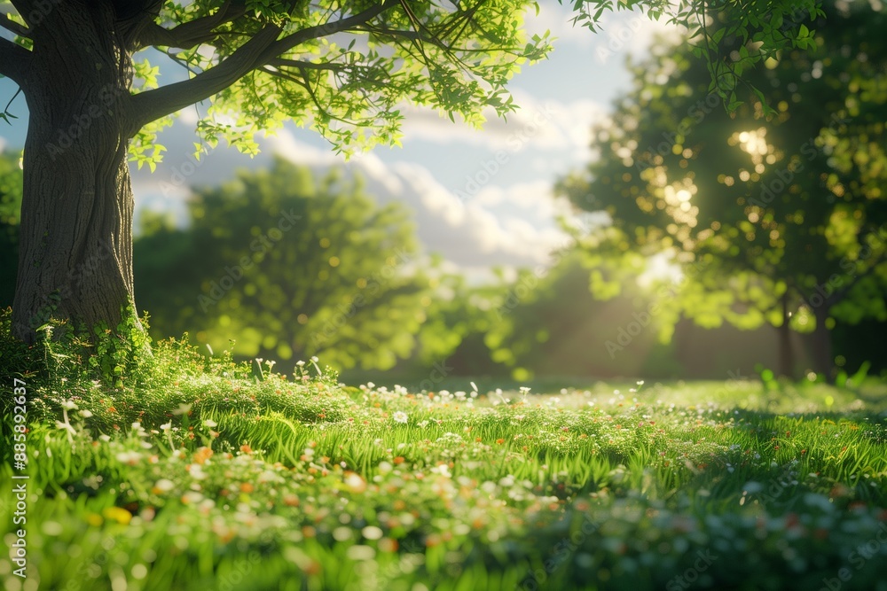 Fototapeta premium Serene Summer Forest Meadow with Sunlight through Trees, Perfect Nature Background