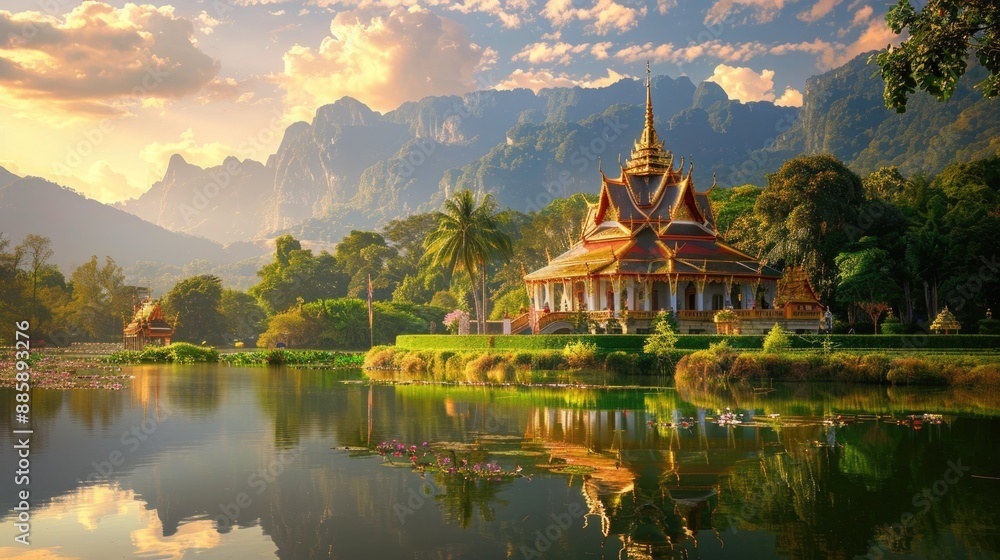 An enchanting vista of a beautiful golden temple set amidst the serene surroundings of Thailand, the majestic landscape offering a glimpse into the country's rich history and architectural wonders, An enchanting vista of a beautiful golden temple set amidst the serene surroundings of Thailand, the majestic landscape offering a glimpse into the country's rich history and architectural wonders,