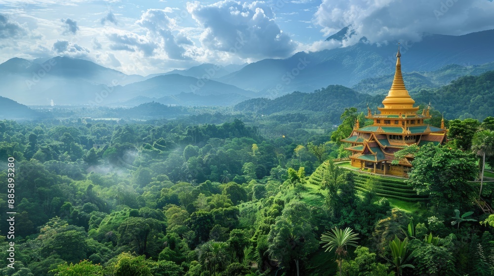 A breathtaking view of a golden temple nestled amidst lush greenery in Thailand, the stunning landscape showcasing the cultural richness and architectural beauty of the region, with ample copy space A breathtaking view of a golden temple nestled amidst lush greenery in Thailand, the stunning landscape showcasing the cultural richness and architectural beauty of the region, with ample copy space