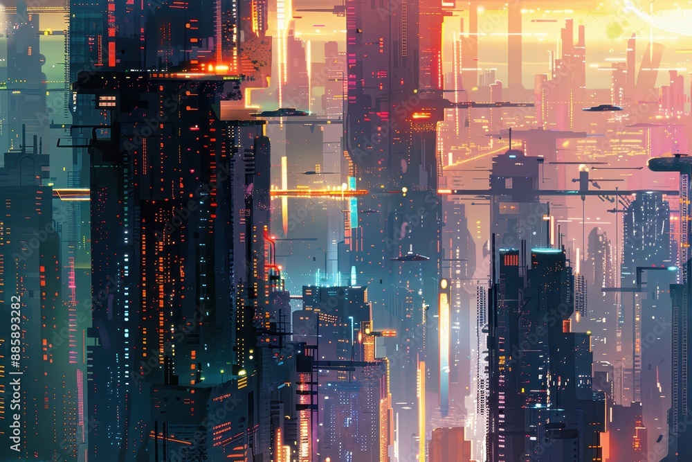 Obraz premium Futuristic cityscape with vibrant lights and towering skyscrapers