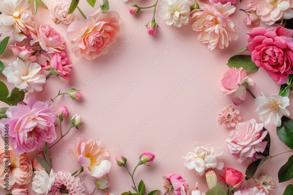 Blooms arranged in a circular pattern on a solid surface, forming a visually appealing frame with negative space in the center, perfect for adding text or graphics in a whimsical and feminine style. Blooms arranged in a circular pattern on a solid surface, forming a visually appealing frame with negative space in the center, perfect for adding text or graphics in a whimsical and feminine style.