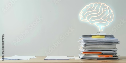 A neon brain outline above a documentfilled desk, white background photo