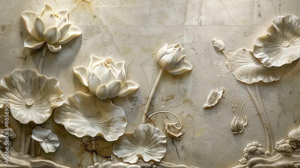 Artistic Wall Sculpture of Lotus Flowers and Lily Pads in Textural Relief, Emblematic of Purity. Artistic Wall Sculpture of Lotus Flowers and Lily Pads in Textural Relief, Emblematic of Purity.