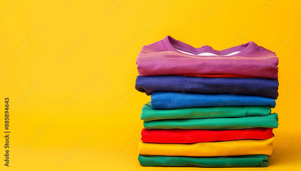A stack of colorful folded sweaters on a vibrant yellow background showcasing a variety of bright and vivid hues in a neat arrangement. A stack of colorful folded sweaters on a vibrant yellow background showcasing a variety of bright and vivid hues in a neat arrangement.