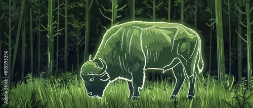 A fullbody neon outline of a buffalo grazing in a forested area with tall grass photo