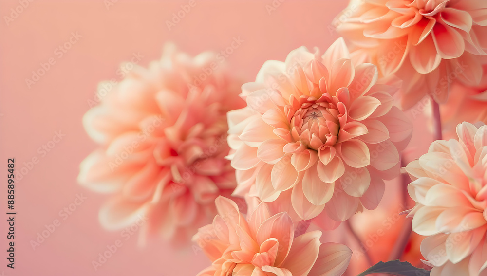 Close-up of beautiful peach-colored dahlias in full bloom against a soft pink background. Ideal for floral and nature-themed projects. Close-up of beautiful peach-colored dahlias in full bloom against a soft pink background. Ideal for floral and nature-themed projects.