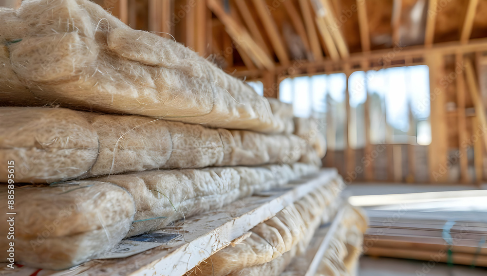 Close-up of stacked insulation material in a wooden frame new home construction site with natural light coming through the windows. Close-up of stacked insulation material in a wooden frame new home construction site with natural light coming through the windows.