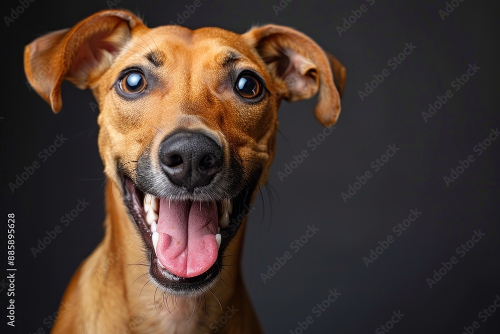 In a professional studio, a charming dog with a sleek coat captures attention with a comical grin. Its tongue slightly sticks out, adding to the endearing and playful expression. The lighting In a professional studio, a charming dog with a sleek coat captures attention with a comical grin. Its tongue slightly sticks out, adding to the endearing and playful expression. The lighting