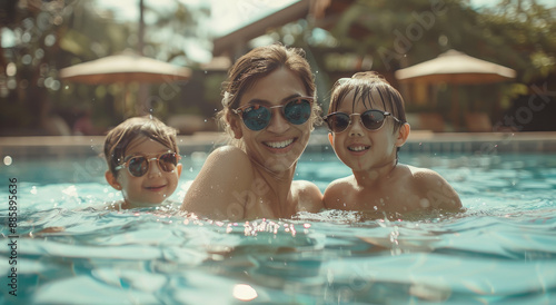 mother and two kids in the pool at an all-inclusive resort © Kien