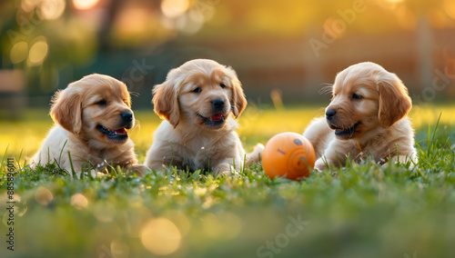 Cute golden retriever puppies playing with a ball on the green grass in a sunlit garden. Adorable and playful dog companions.