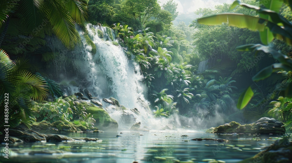 A lush green jungle with a waterfall and a river. The water is calm and clear, and the trees are tall and dense. The scene is peaceful and serene A lush green jungle with a waterfall and a river. The water is calm and clear, and the trees are tall and dense. The scene is peaceful and serene
