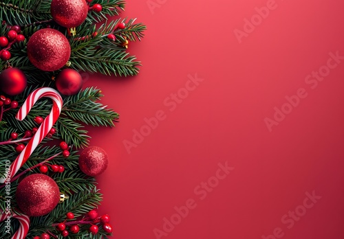 Christmas Ornament Candy Cane Fir Branches Red Background