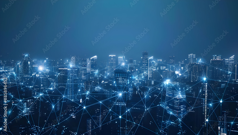 Futuristic cityscape connected through digital network, showcasing advanced technology and smart city infrastructure at night. Futuristic cityscape connected through digital network, showcasing advanced technology and smart city infrastructure at night.
