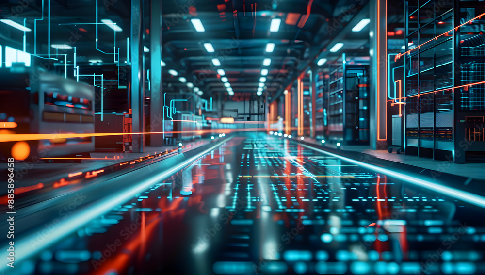 Futuristic data center with glowing blue and red lights showcasing advanced technology and high-speed data processing capabilities. Futuristic data center with glowing blue and red lights showcasing advanced technology and high-speed data processing capabilities.