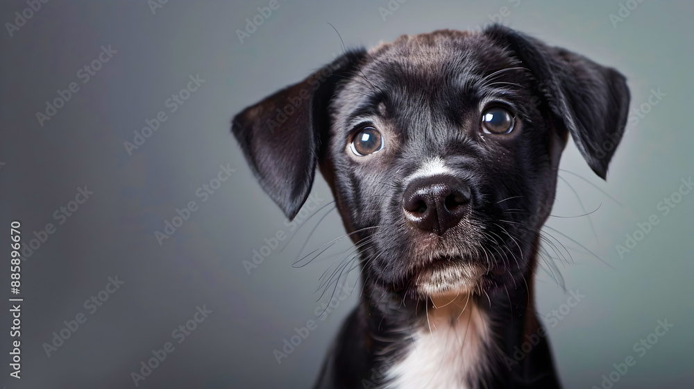 Closeup portrait shot of an adorable mixed breed puppy with a friendly and playful facial expression inside a studio setting The puppy s black gray Closeup portrait shot of an adorable mixed breed puppy with a friendly and playful facial expression inside a studio setting The puppy s black gray