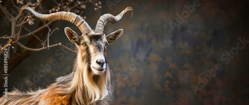 Striking image of a male Markhor goat a wild mountain dwelling caprid species known for its impressive spiral horns navigating the steep rocky terrain of its natural alpine habitat photo