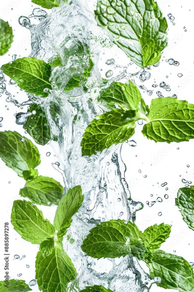 Fresh Green Mint Leaves Splashing in Water – Refreshing and Vibrant Close-Up Fresh Green Mint Leaves Splashing in Water – Refreshing and Vibrant Close-Up