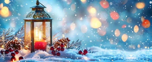 Christmas Lantern with Candle and Decorations on Snow