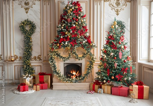 Christmas Decor Fireplace & Tree Interior