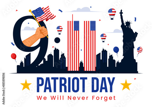 Happy USA Patriot Day Vector Illustration featuring the United States Flag, 9/11 Memorial, and We Will Never Forget Background in Flat Cartoon Style