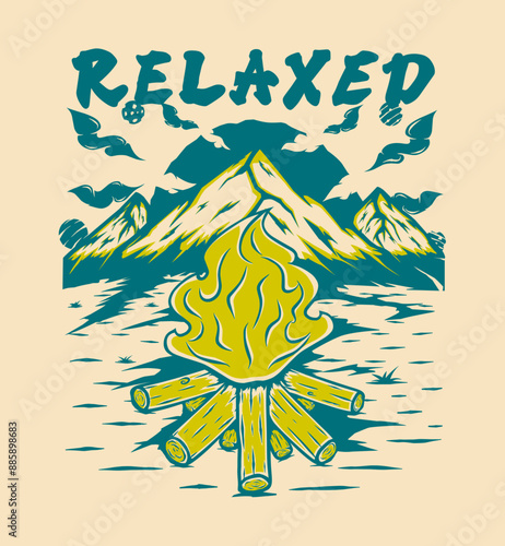 bonfire and mountain illustration vintage t shirt design, streetwear design, poster design, totebag design	
