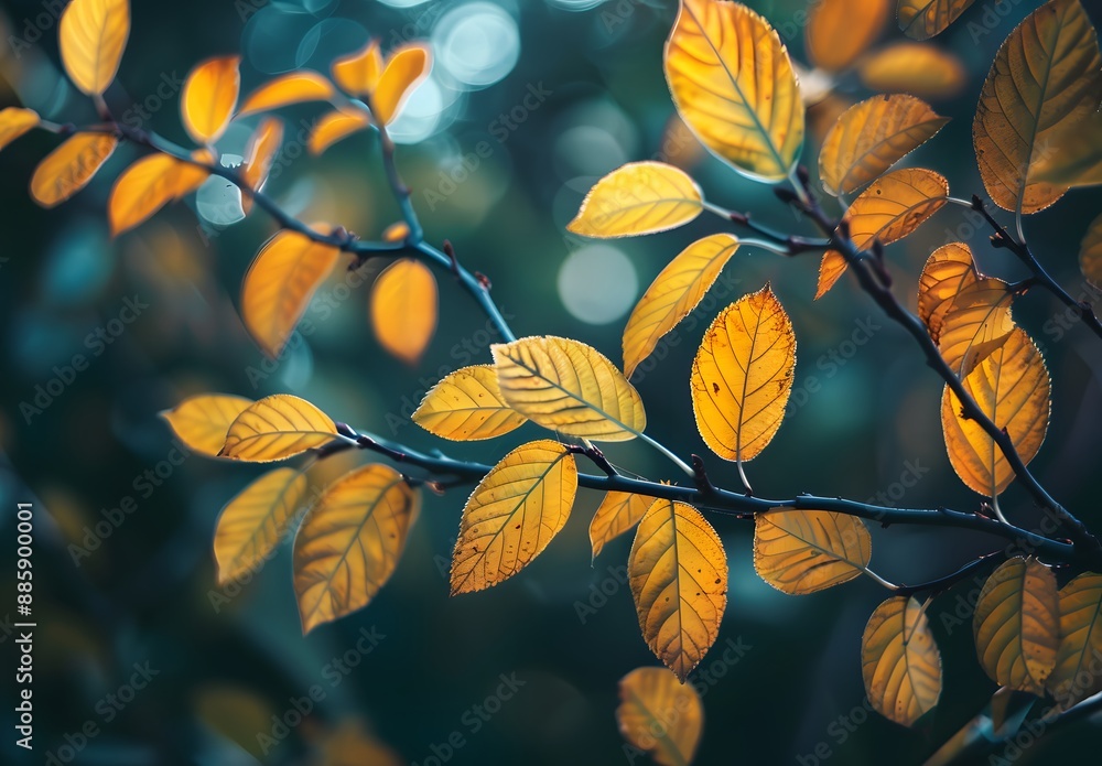 Golden Autumn Leaves on Branch with Blurred Background Golden Autumn Leaves on Branch with Blurred Background