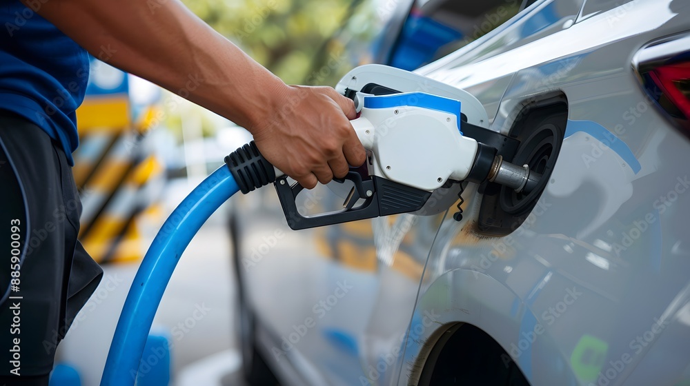 Man Charging Electric Car with Blue Cable Man Charging Electric Car with Blue Cable