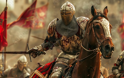 Medieval knight in full armor on horse, wielding a sword amidst a battlefield with flags and other knights, evoking a historical battle scene.