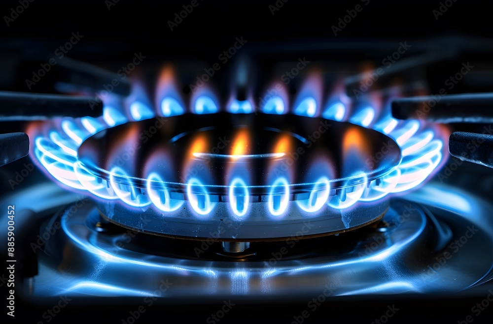 Close Up Blue Flames Gas Stove Burner Close Up Blue Flames Gas Stove Burner