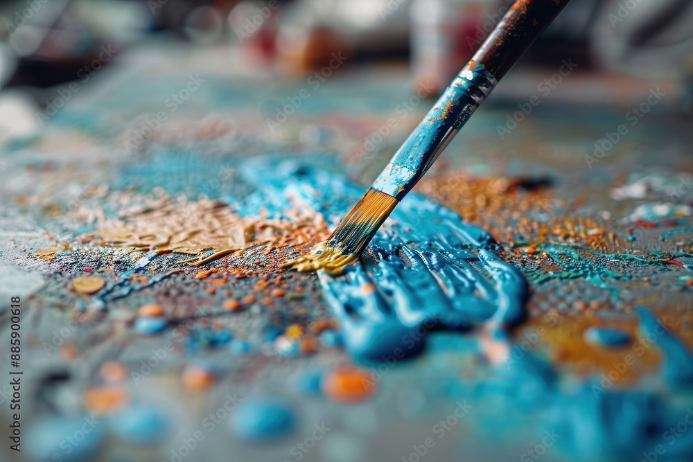 Closeup shot of a brush on a thick, colorful paint canvas - Generative AI Closeup shot of a brush on a thick, colorful paint canvas - Generative AI