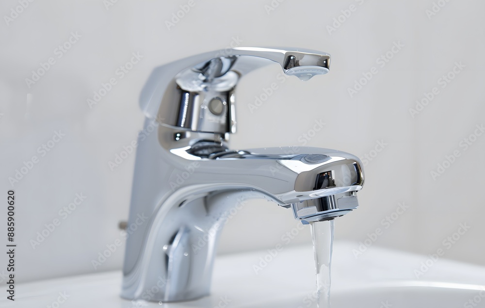 Close-Up of Chrome Faucet with Water Flowing Close-Up of Chrome Faucet with Water Flowing