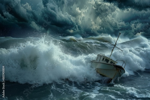 Dramatic scene of a small fishing boat struggling to stay afloat amidst towering waves and a stormy sky photo