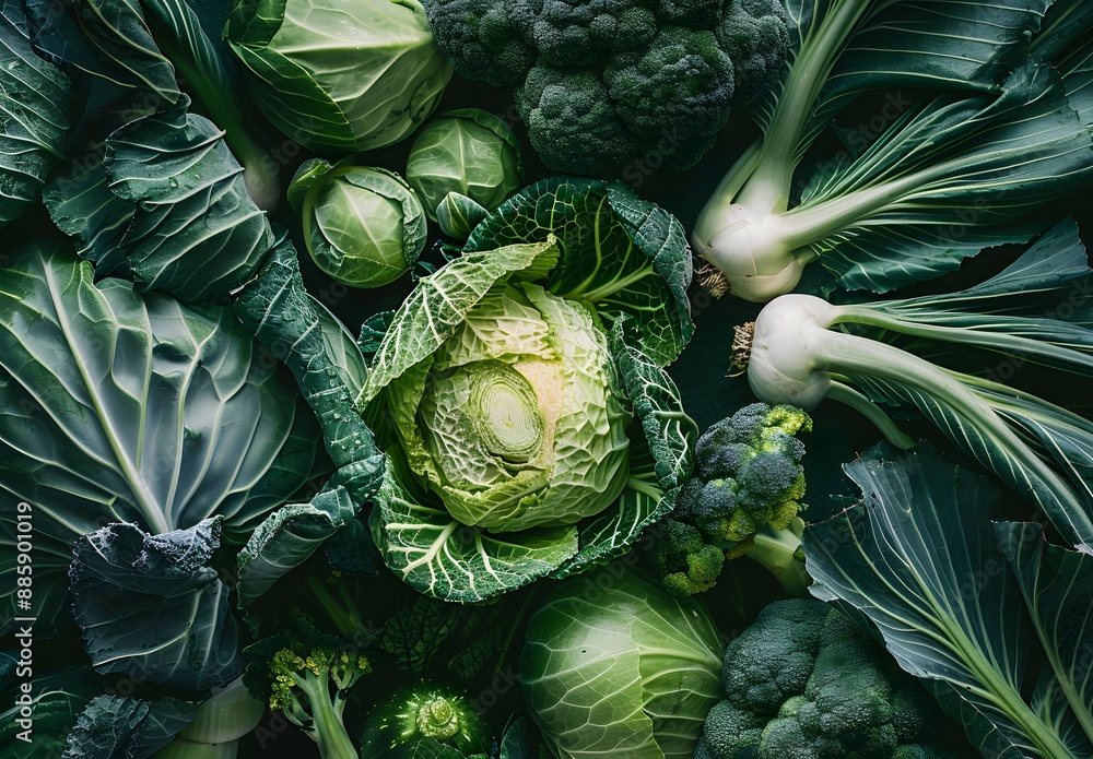 Obraz premium Green Vegetables Flat Lay: Cabbage, Kale, Leeks