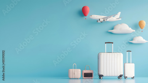 Minimalist travel concept with suitcases, hot air balloons, and airplane on a blue background symbolizing vacation and adventure.
