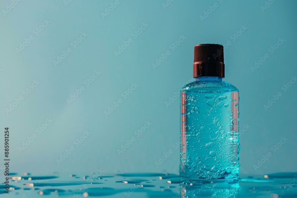 Blue transparent cosmetic gel bottle standing on wet surface with copy space on blue background Blue transparent cosmetic gel bottle standing on wet surface with copy space on blue background