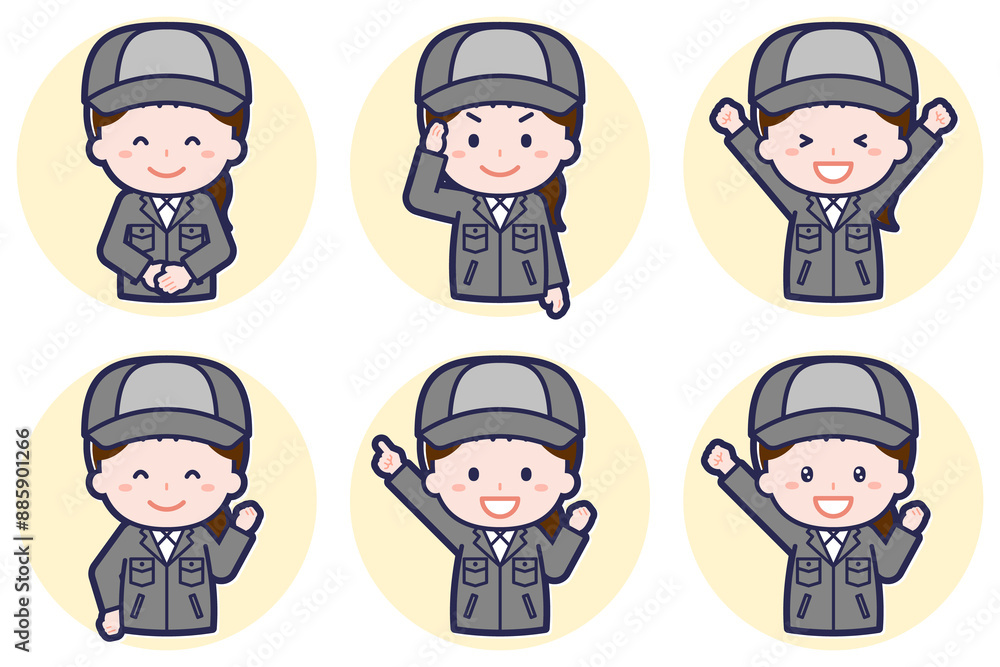 女性工場作業員のポーズセット_01