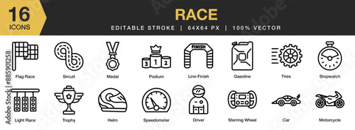 Set of 16 Race icon set. Editable Stroke Icon Collection. Includes car, gasoline, driver, line finish, podium, sircuit, and More. Outline icons vector collection.