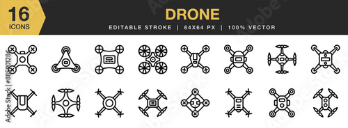 Set of 16 Drone icon set. Editable Stroke Icon Collection. Includes drone video camera icon, and More. Outline icons vector collection.