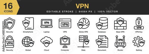 Set of 16 VPN icon set. Editable Stroke Icon Collection. Includes computer vpn, data, cloud, global vpn, router, vpn key, and More. Outline icons vector collection.