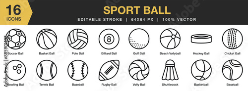 Set of 16 Sport Ball icon set. Editable Stroke Icon Collection. Includes football, volley ball, golf ball, bowling ball, hockey ball, and More. Outline icons vector collection.