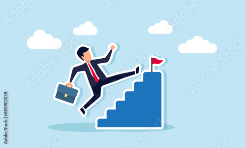 A shortcut or advancement in career to reach goals, skipping steps, or a beginner's mistake by trying too hard, concept of businessman skip stair step to reach target.