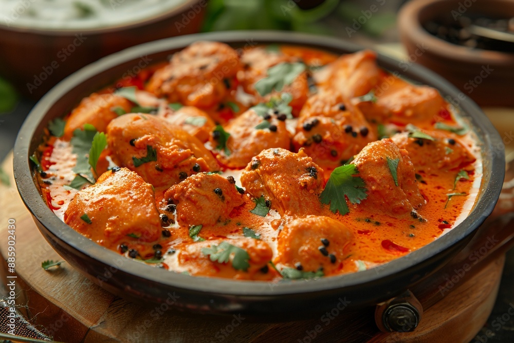 Delicious butter chicken in a creamy tomato sauce garnished with fresh cilantro, served in a rustic bowl for a rich, flavorful meal. Delicious butter chicken in a creamy tomato sauce garnished with fresh cilantro, served in a rustic bowl for a rich, flavorful meal.