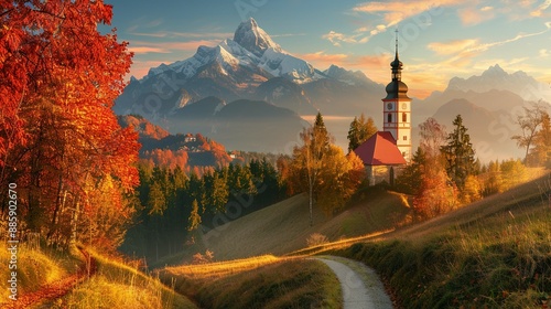 Beautiful evening view of Germany's countryside featuring Maria Gern church and Hochkalter peak during autumn. photo