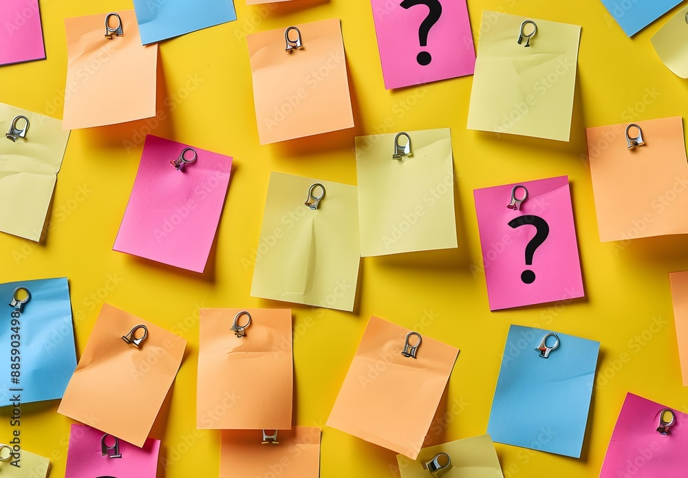Colorful Sticky Notes With Question Marks On Yellow Background Colorful Sticky Notes With Question Marks On Yellow Background