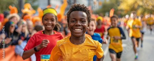 Parents and kids participating in a city marathon or fun run, with the urban landscape and cheering crowds enhancing the excitement, with copy space for text