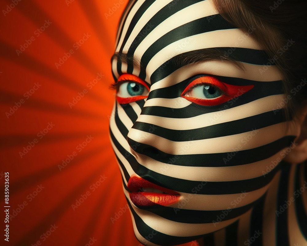 Close-up portrait of woman with black and white striped face paint, striking red background, red eye makeup and lips, creative fashion photography. Close-up portrait of woman with black and white striped face paint, striking red background, red eye makeup and lips, creative fashion photography.