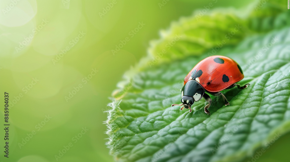 A tiny red ladybug with black spots explores a green leaf in warm summer sunshine A tiny red ladybug with black spots explores a green leaf in warm summer sunshine