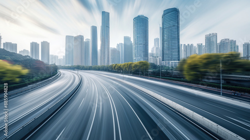 City high way with motion blur effect against the background of city skyline