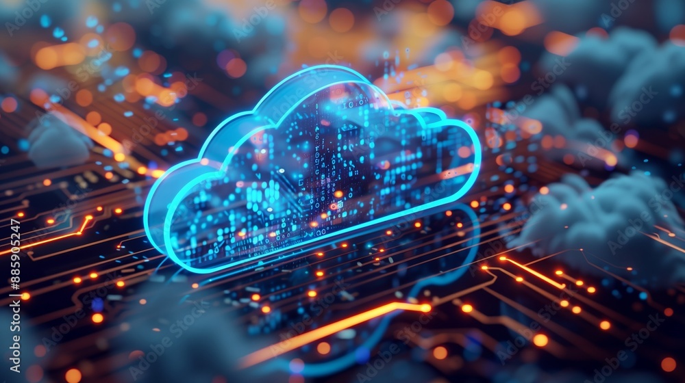 A digital illustration of cloud technology with circuit patterns and blue background A digital illustration of cloud technology with circuit patterns and blue background